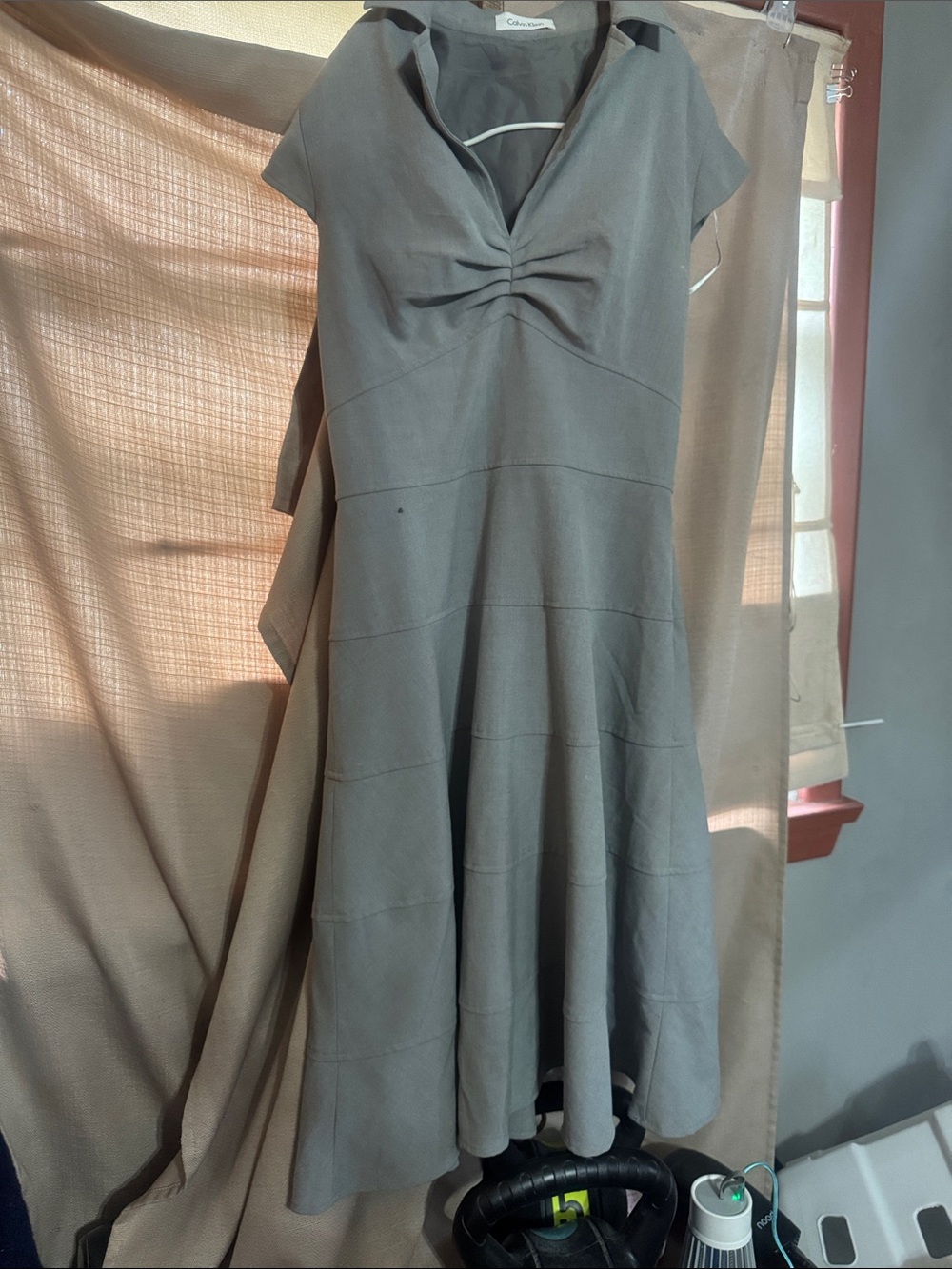 Calvin Klein Carbon Gray Gathered Bust Midi Dress-
